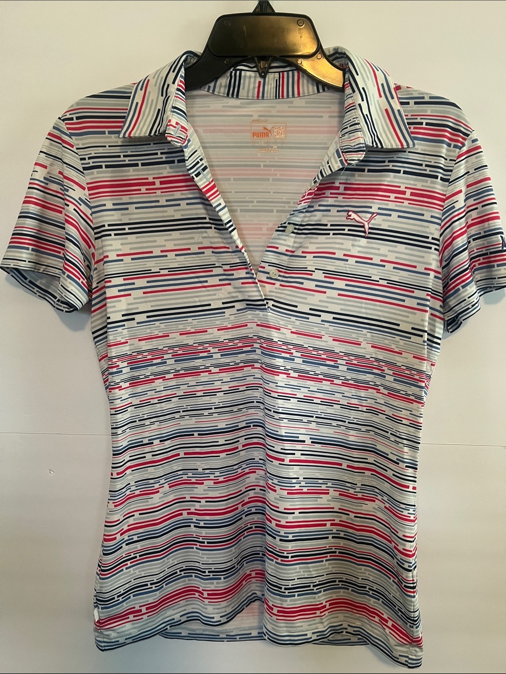 Puma Women's White Athletic Polo with Pink and Navy Stripe Print XS